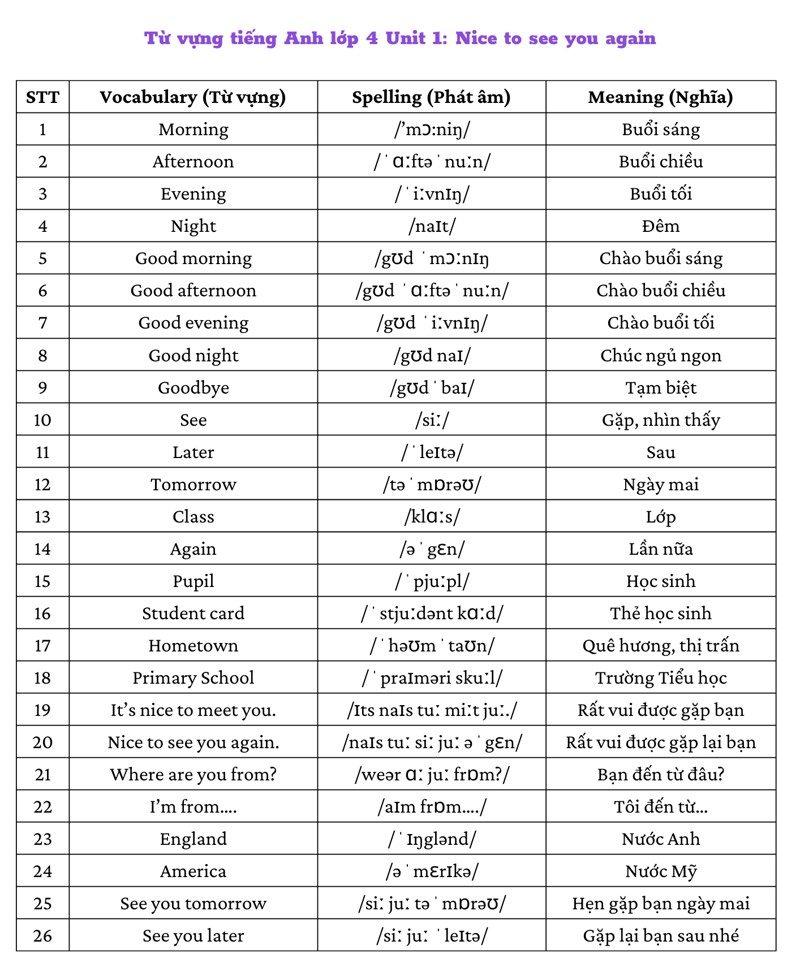 Từ vựng tiếng Anh Unit 1 lớp 4 Nice to see you again